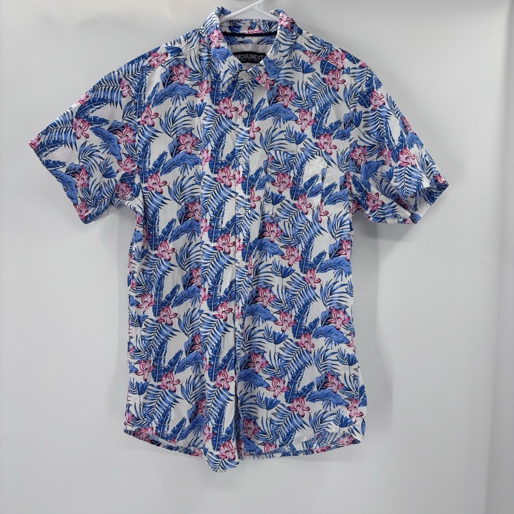 Monument Men's Sz L Short Sleeve Tropical Hibiscus Flamingo Shirt Resort Beach‎